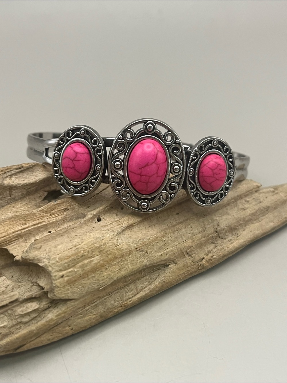 Pink Stone Triple Oval Silver-Tone Cuff Bracelet